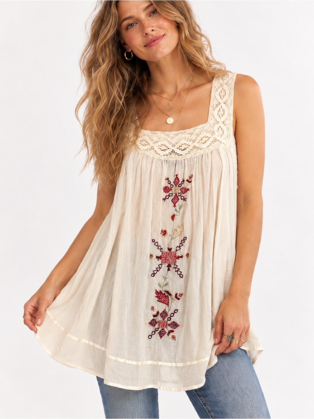 Angie M Ivory Cotton Embroidered Lace Bohemian Babydoll Tank Top